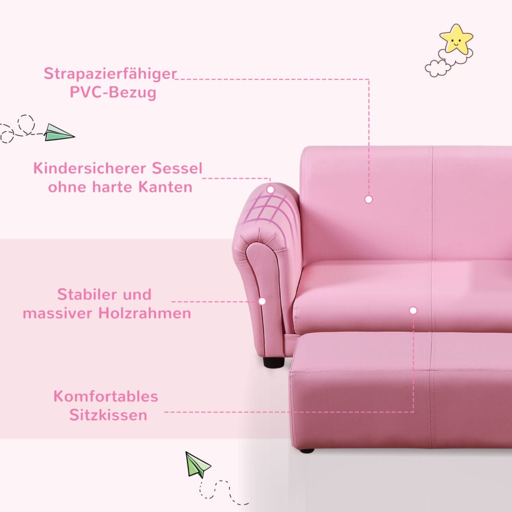 Rosa Kindersessel und Hocker Set, Grösse 83x42x41cm, ideal für das Kinderzimmer zum Spielen und Ausruhen.