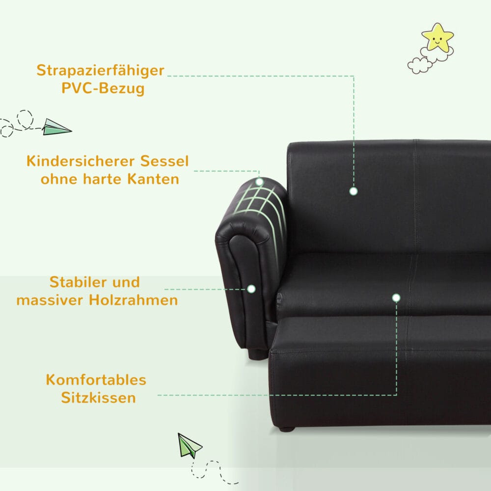 Schwarzes Kindersessel und Hocker Set, Grösse 83x42x41cm, bietet den Kleinsten einen gemütlichen und sicheren Platz zum Entspannen.