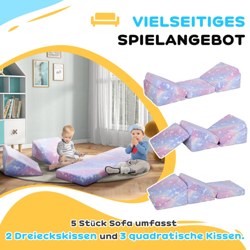 Rosa 5-teiliges Kindersofa in Samtoptik mit Liegefunktion, wandelbar für Spiel und Komfort.