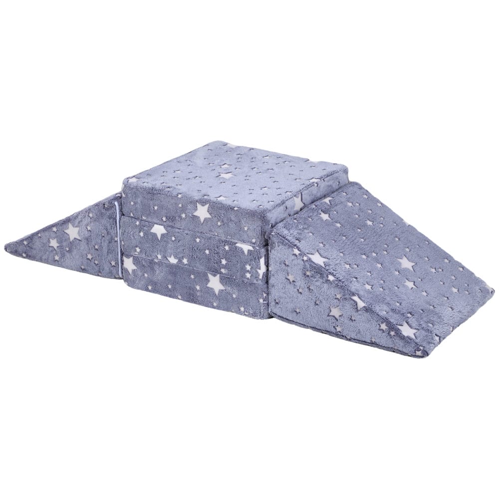 Graues 5-teiliges Kindersofa aus Schaumstoff mit flexibler Liegefunktion, ideal für vielseitigen Spielspass und Entspannung.