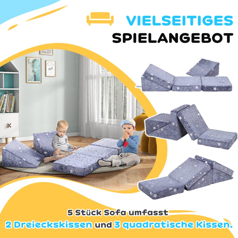 Graues 5-teiliges Kindersofa aus Schaumstoff mit flexibler Liegefunktion, ideal für vielseitigen Spielspass und Entspannung.