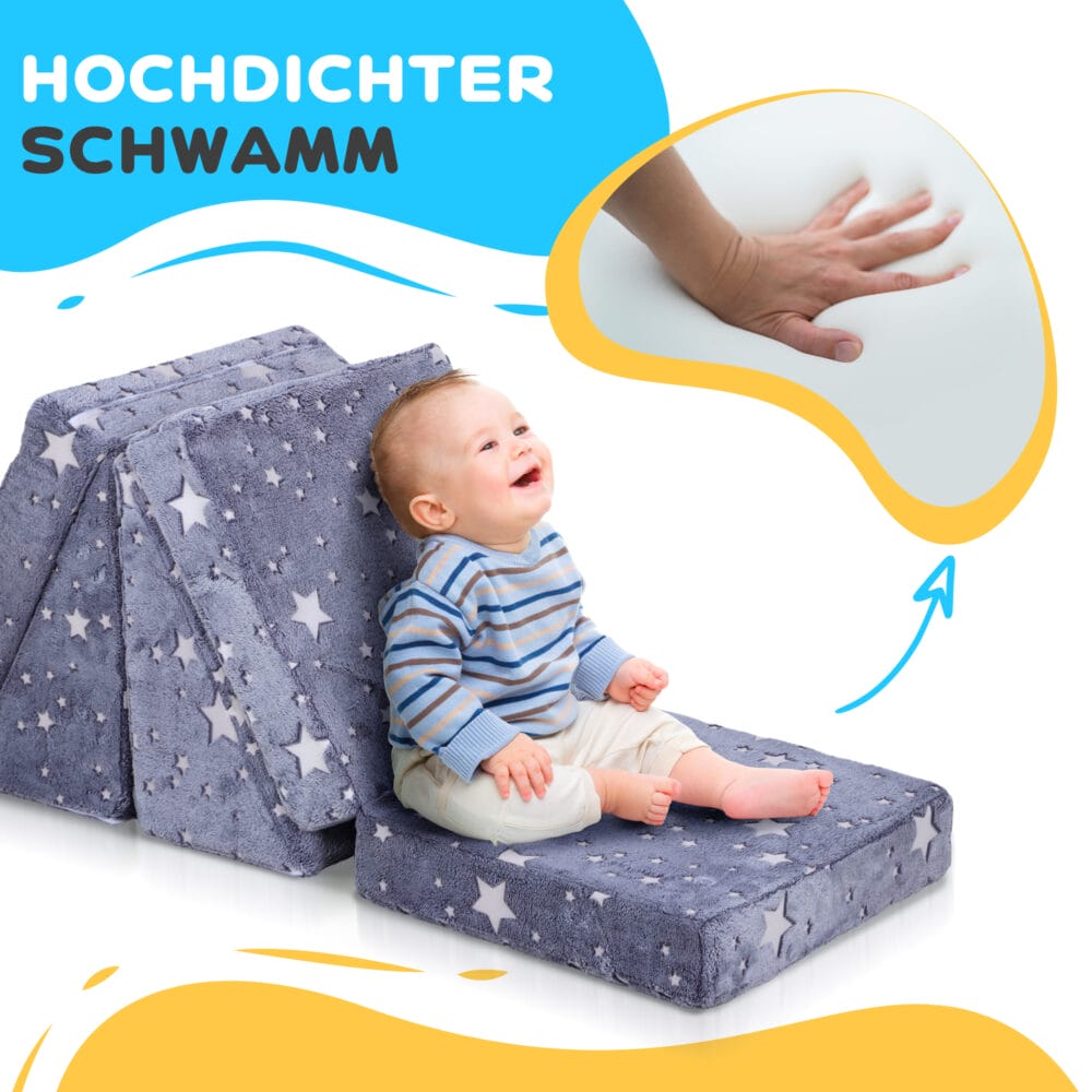 Graues 5-teiliges Kindersofa aus Schaumstoff mit flexibler Liegefunktion, ideal für vielseitigen Spielspass und Entspannung.