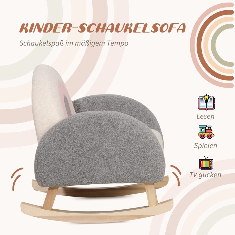 Graues Kindersofa im Lammfellimitat als Schaukelstuhl für Kinder von 3 bis 5 Jahren, gemütlich und komfortabel.