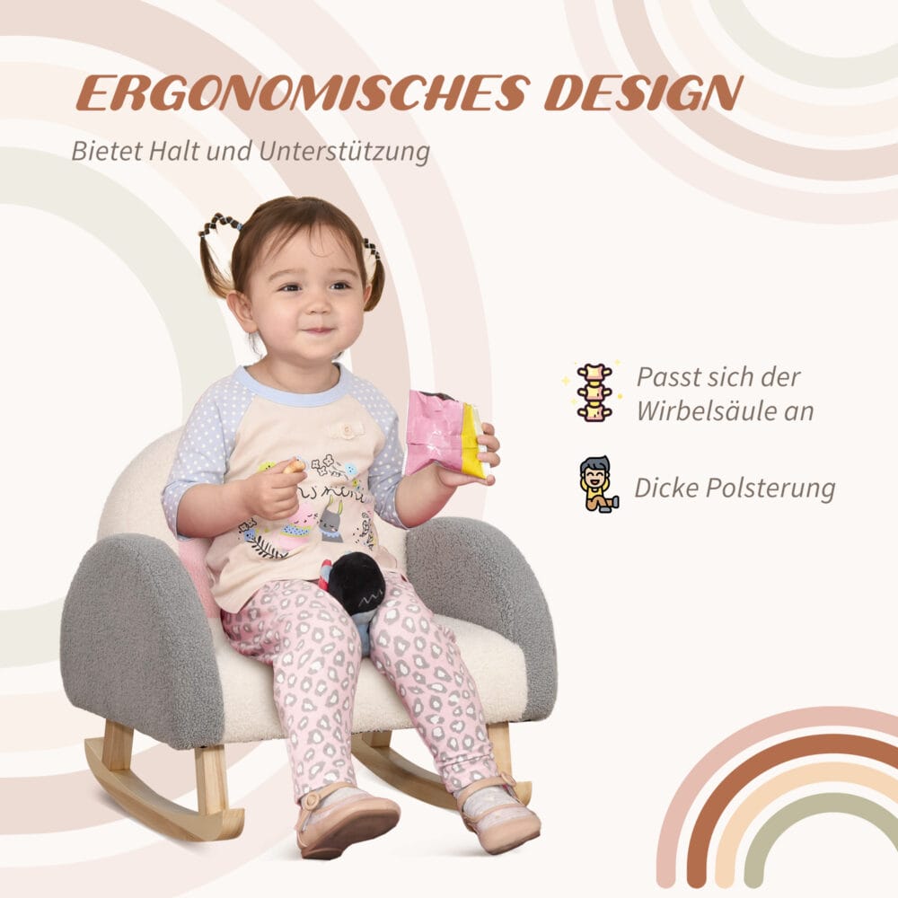 Graues Kindersofa im Lammfellimitat als Schaukelstuhl für Kinder von 3 bis 5 Jahren, gemütlich und komfortabel.