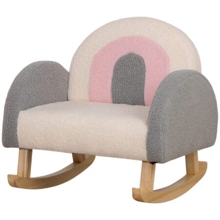 Graues Kindersofa im Lammfellimitat als Schaukelstuhl für Kinder von 3 bis 5 Jahren, gemütlich und komfortabel.