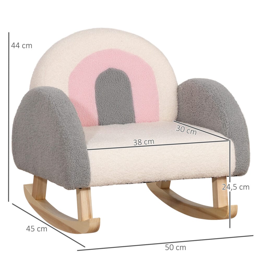 Graues Kindersofa im Lammfellimitat als Schaukelstuhl für Kinder von 3 bis 5 Jahren, gemütlich und komfortabel.