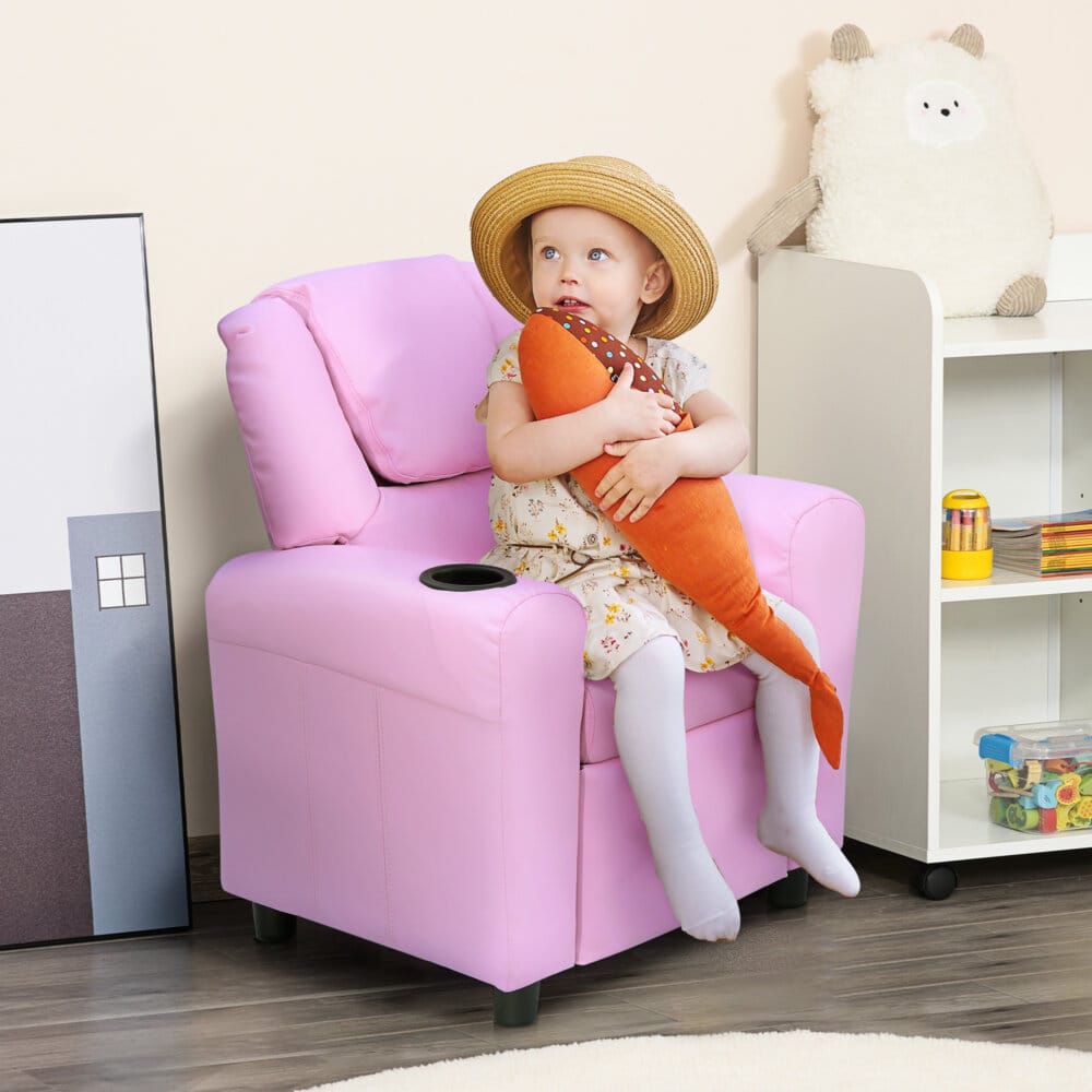 Ein rosa Kindersofa mit Schlaffunktion, Maße 62x56x69cm.