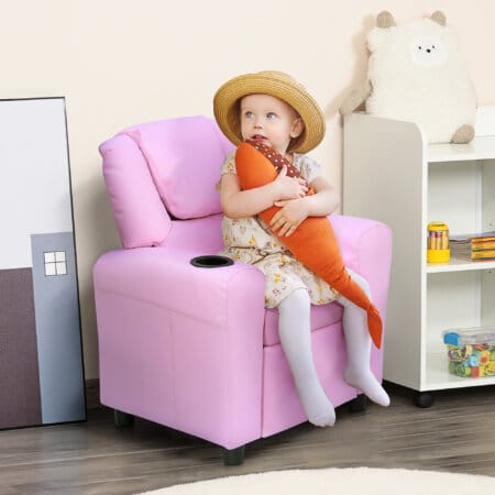 Ein rosa Kindersofa mit Schlaffunktion, Maße 62x56x69cm.