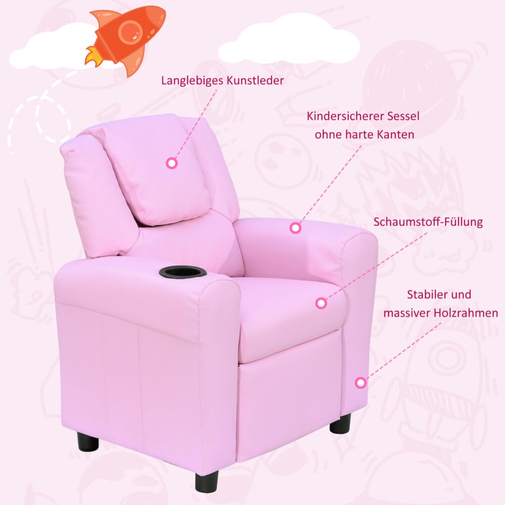 Ein rosa Kindersofa mit Schlaffunktion, Maße 62x56x69cm.