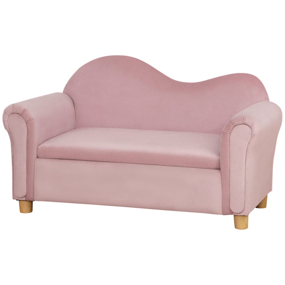 Rosa Kindersofa Zweisitzer mit integriertem Stauraum, perfekt für Kinder von 3 bis 5 Jahren zur Aufbewahrung von Spielzeug.