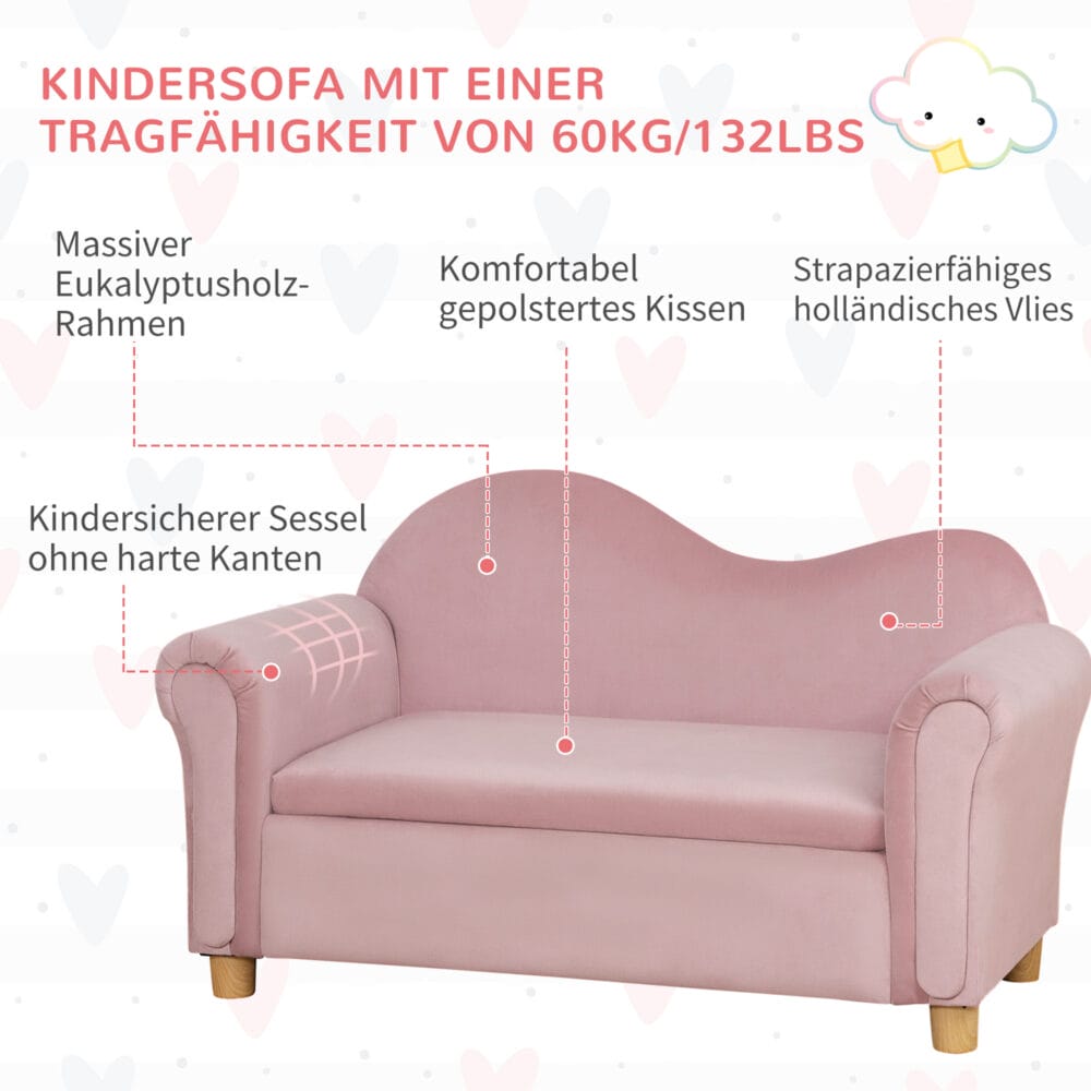 Rosa Kindersofa Zweisitzer mit integriertem Stauraum, perfekt für Kinder von 3 bis 5 Jahren zur Aufbewahrung von Spielzeug.