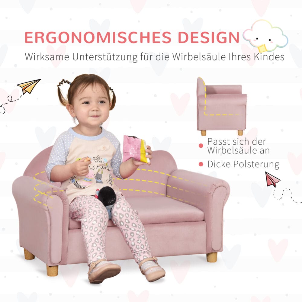 Rosa Kindersofa Zweisitzer mit integriertem Stauraum, perfekt für Kinder von 3 bis 5 Jahren zur Aufbewahrung von Spielzeug.