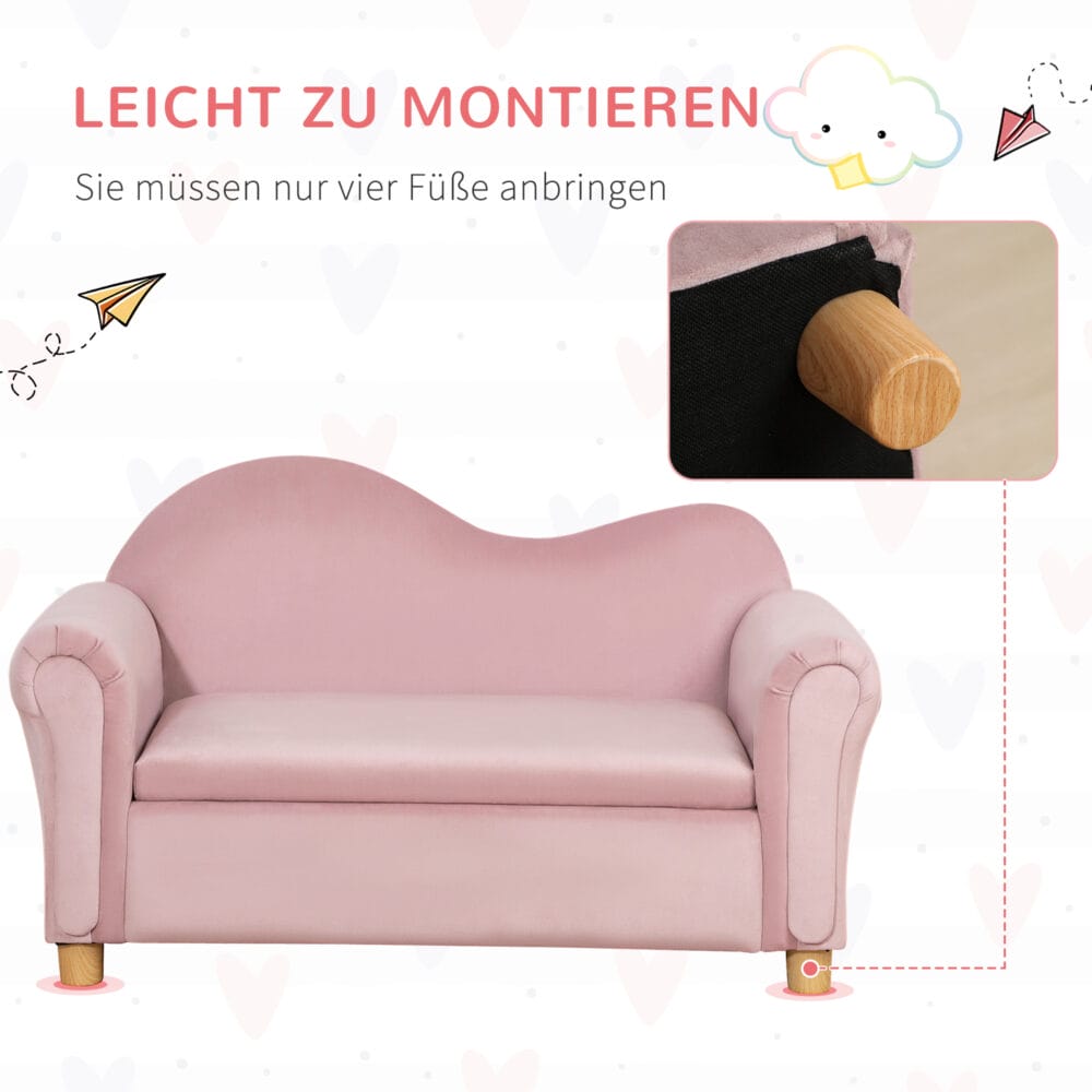 Rosa Kindersofa Zweisitzer mit integriertem Stauraum, perfekt für Kinder von 3 bis 5 Jahren zur Aufbewahrung von Spielzeug.