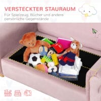 Rosa Kindersofa Zweisitzer mit integriertem Stauraum, perfekt für Kinder von 3 bis 5 Jahren zur Aufbewahrung von Spielzeug.