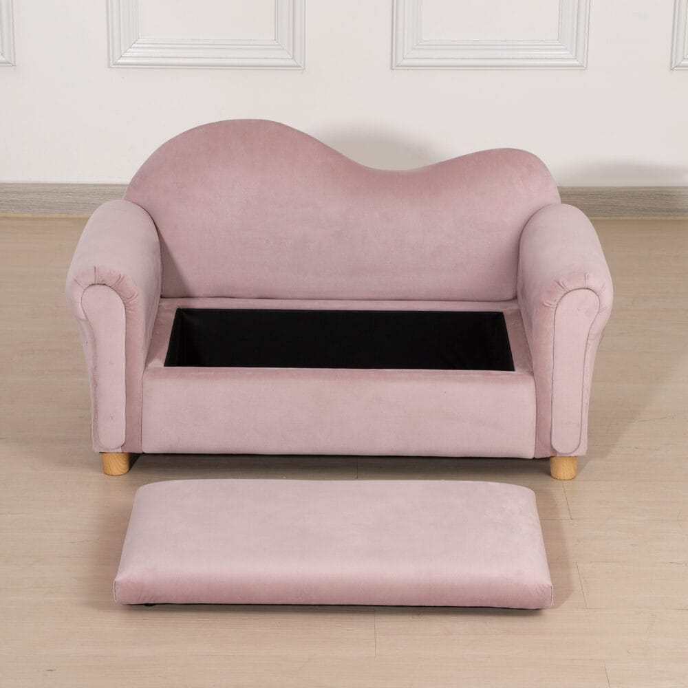 Rosa Kindersofa Zweisitzer mit integriertem Stauraum, perfekt für Kinder von 3 bis 5 Jahren zur Aufbewahrung von Spielzeug.