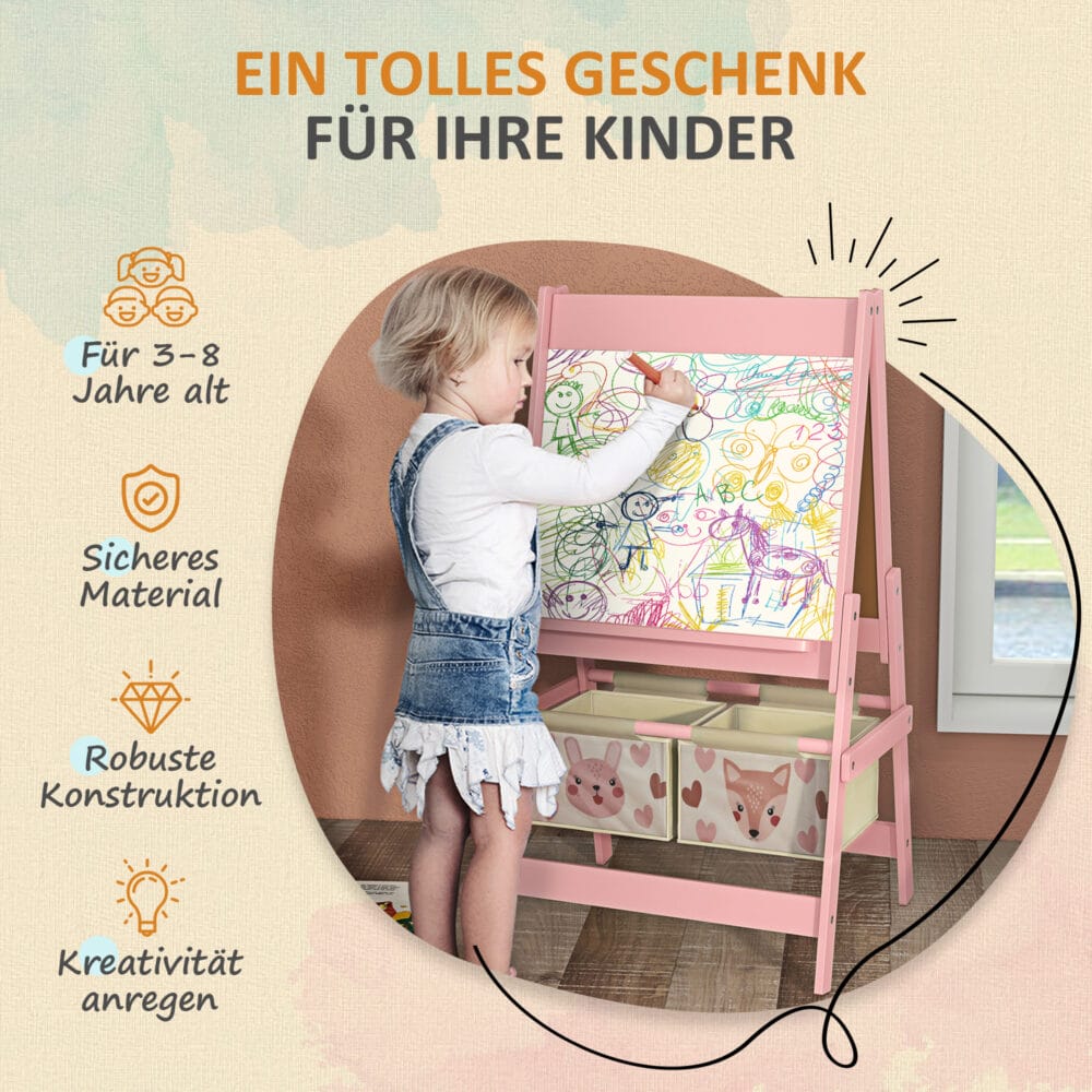 Kindertafel 3-in-1 Staffelei mit Papierrolle & Whiteboard Rosa