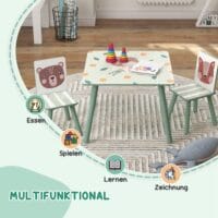 Grünes Kindertisch Set mit 2 passenden Stühlen und niedlichem Tiermotiv, ideal für Kinder von 3 bis 8 Jahren zum Spielen und Lernen.