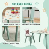 Grünes Kindertisch Set mit 2 passenden Stühlen und niedlichem Tiermotiv, ideal für Kinder von 3 bis 8 Jahren zum Spielen und Lernen.
