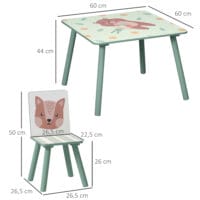 Grünes Kindertisch Set mit 2 passenden Stühlen und niedlichem Tiermotiv, ideal für Kinder von 3 bis 8 Jahren zum Spielen und Lernen.