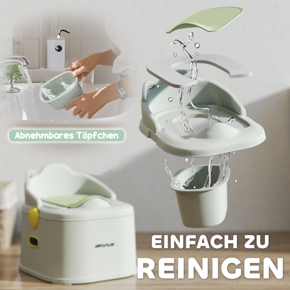 Graues Kindertöpfchen 3-in-1 Design mit praktischen Griffen und abnehmbarem Einsatz für einfache Reinigung.