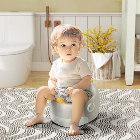 Grauer Kindertopf 3-in-1 mit Griffen und abnehmbarem Innenteil, robust und bis 50 kg belastbar für alle Entwicklungsphasen.