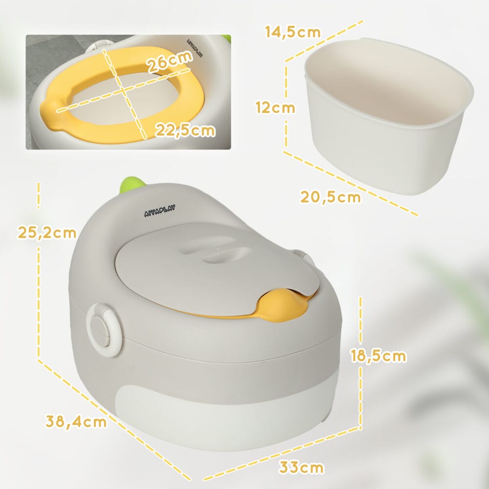 Grauer Kindertopf 3-in-1 mit Griffen und abnehmbarem Innenteil, robust und bis 50 kg belastbar für alle Entwicklungsphasen.