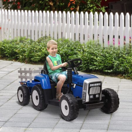 Blauer Kindertraktor als Elektrofahrzeug mit Fernbedienung, Geschwindigkeiten von 3-6 km/h und MP3-Anschluss. Ein Highlight für kleine Bauern und Fahrer.