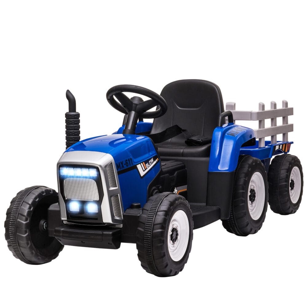Blauer Kindertraktor als Elektrofahrzeug mit Fernbedienung, Geschwindigkeiten von 3-6 km/h und MP3-Anschluss. Ein Highlight für kleine Bauern und Fahrer.