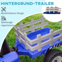 Blauer Kindertraktor als Elektrofahrzeug mit Fernbedienung, Geschwindigkeiten von 3-6 km/h und MP3-Anschluss. Ein Highlight für kleine Bauern und Fahrer.