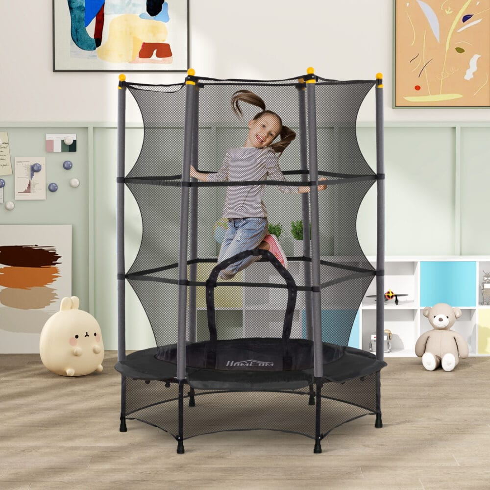 Schwarzes Kindertrampolin mit 140 cm Durchmesser, Sicherheitsnetz und Belastbarkeit bis 50 kg