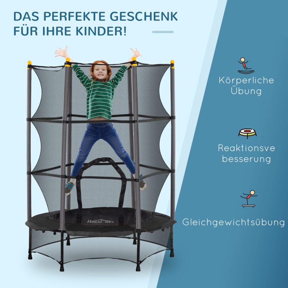 Schwarzes Kindertrampolin mit 140 cm Durchmesser, Sicherheitsnetz und Belastbarkeit bis 50 kg