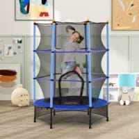 Blaues Kindertrampolin mit 140 cm Durchmesser, Sicherheitsnetz und Belastbarkeit bis 50 kg