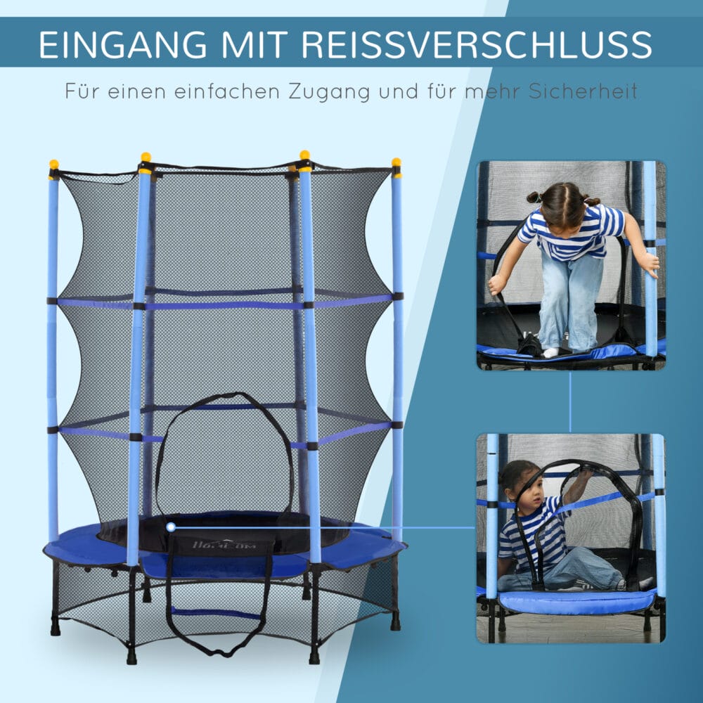 Blaues Kindertrampolin mit 140 cm Durchmesser, Sicherheitsnetz und Belastbarkeit bis 50 kg