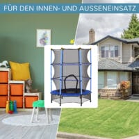 Blaues Kindertrampolin mit 140 cm Durchmesser, Sicherheitsnetz und Belastbarkeit bis 50 kg