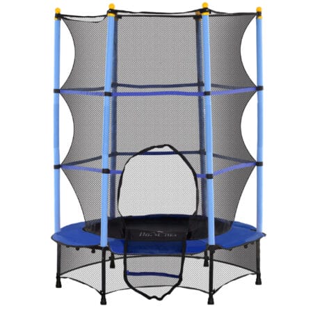 Blaues Kindertrampolin mit 140 cm Durchmesser, Sicherheitsnetz und Belastbarkeit bis 50 kg