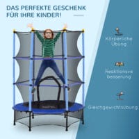 Blaues Kindertrampolin mit 140 cm Durchmesser, Sicherheitsnetz und Belastbarkeit bis 50 kg