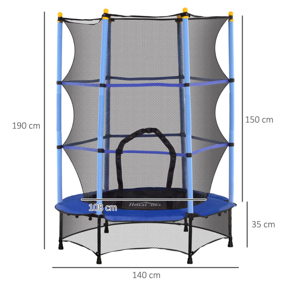 Blaues Kindertrampolin mit 140 cm Durchmesser, Sicherheitsnetz und Belastbarkeit bis 50 kg