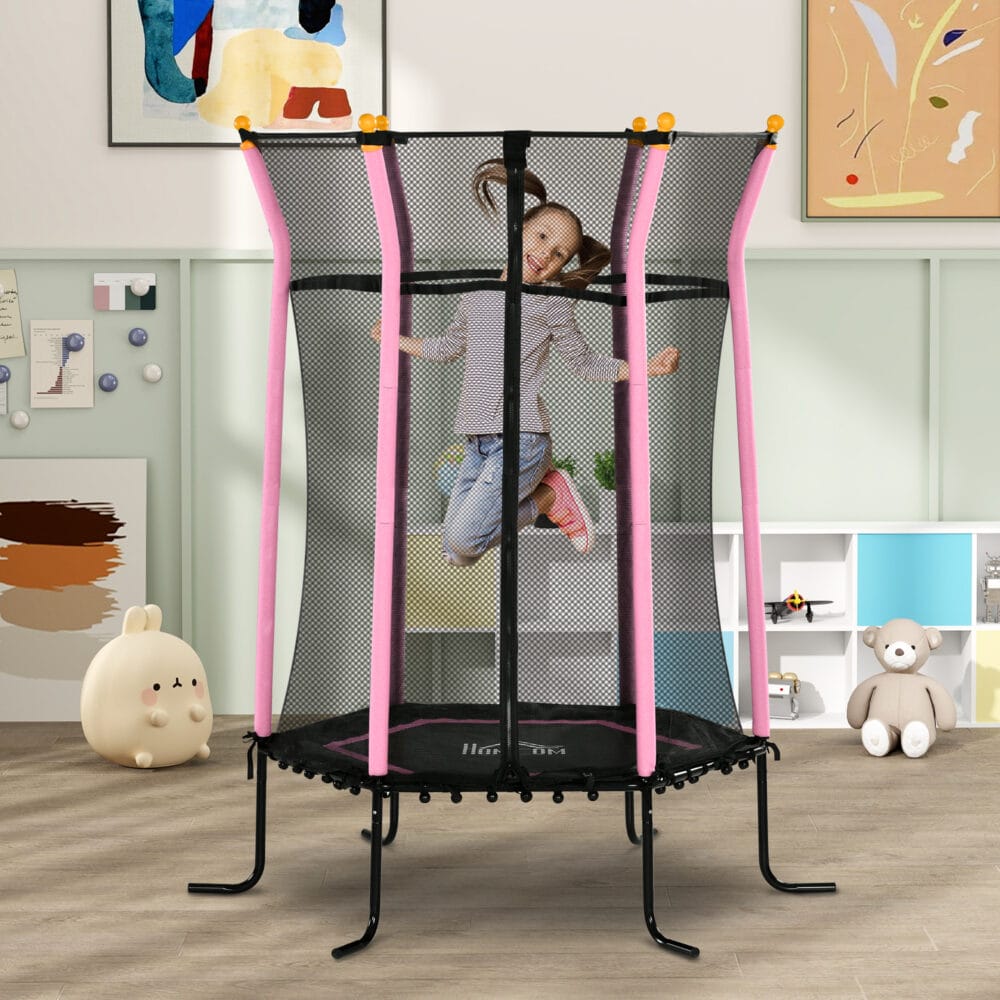 Rosa Kindertrampolin mit 163,5 cm Durchmesser, Sicherheitsnetz und Belastbarkeit bis 50 kg