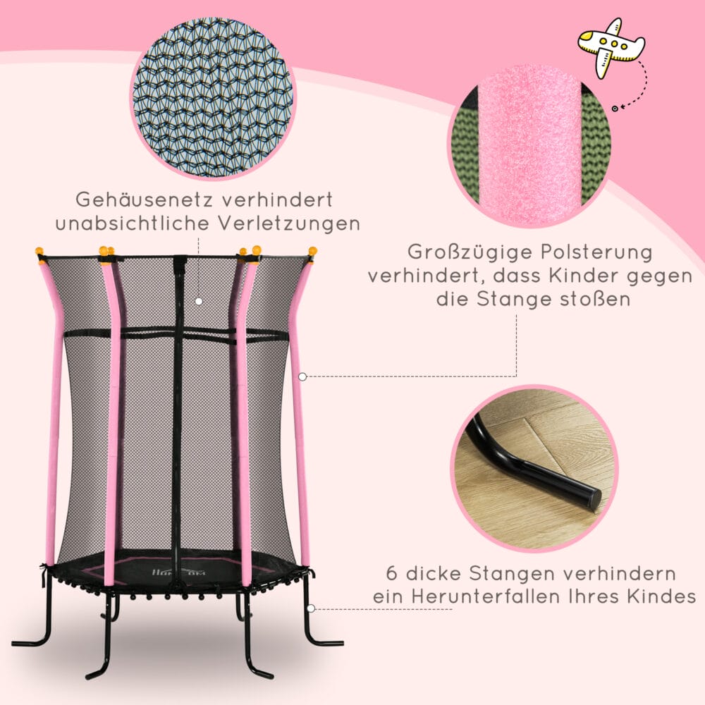 Rosa Kindertrampolin mit 163,5 cm Durchmesser, Sicherheitsnetz und Belastbarkeit bis 50 kg