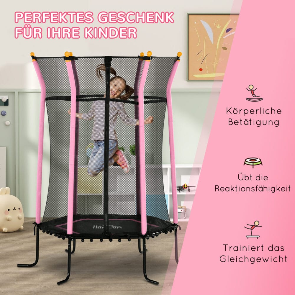 Rosa Kindertrampolin mit 163,5 cm Durchmesser, Sicherheitsnetz und Belastbarkeit bis 50 kg