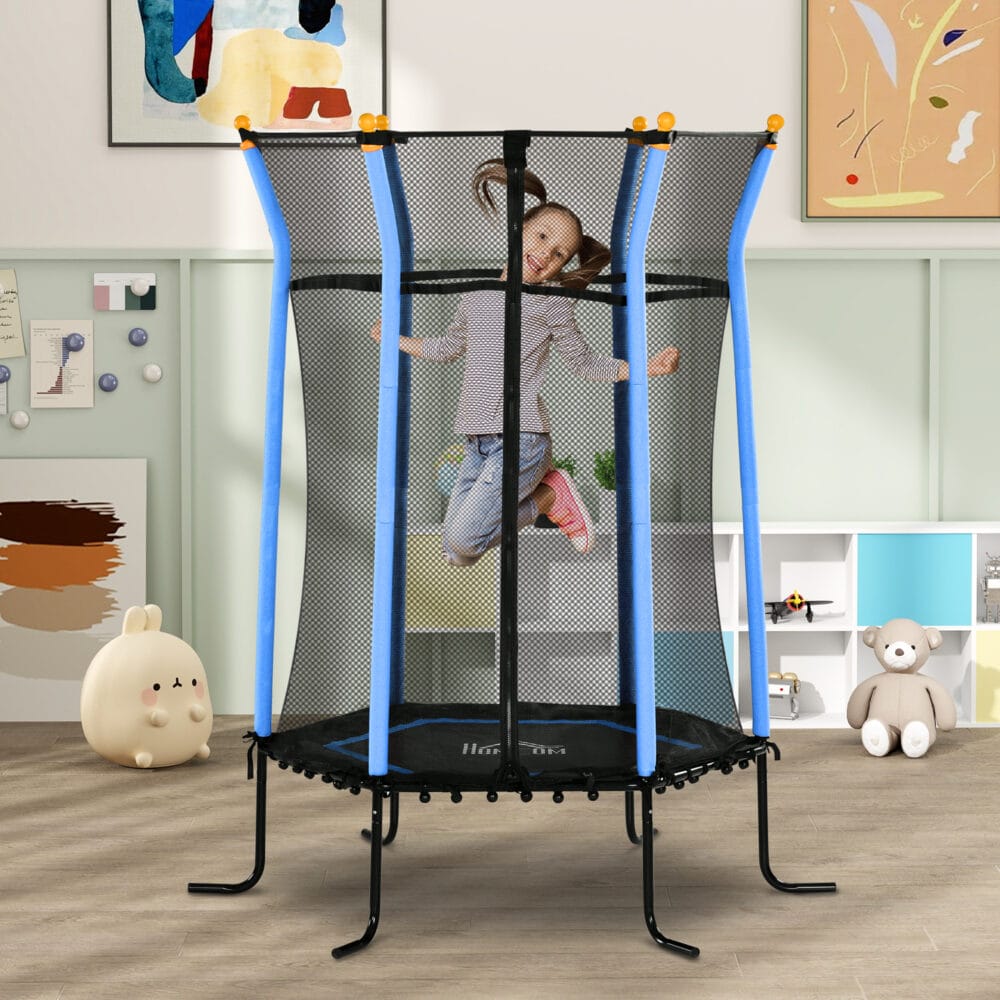 Blaues Kindertrampolin mit 163,5 cm Durchmesser, Sicherheitsnetz, empfohlen für Kinder von 3-10 Jahren