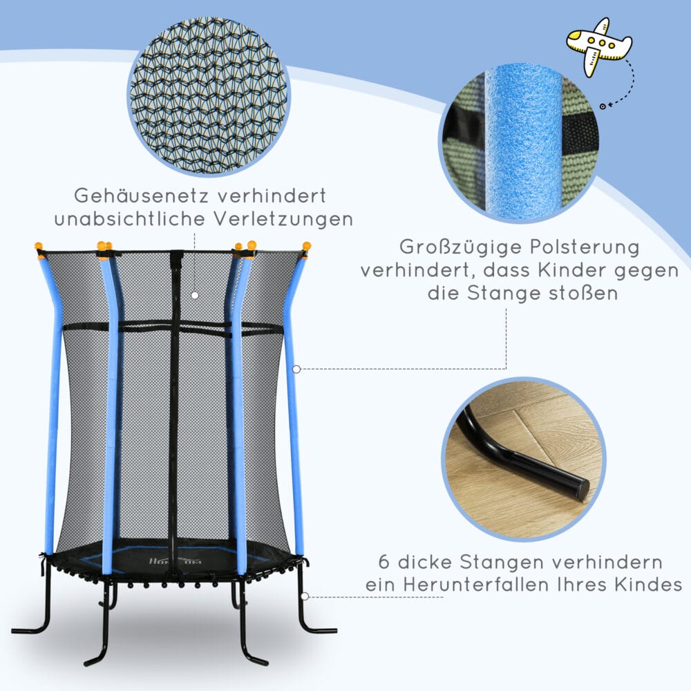 Blaues Kindertrampolin mit 163,5 cm Durchmesser, Sicherheitsnetz, empfohlen für Kinder von 3-10 Jahren