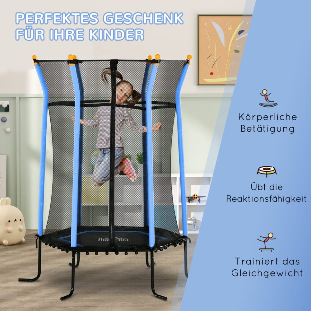 Blaues Kindertrampolin mit 163,5 cm Durchmesser, Sicherheitsnetz, empfohlen für Kinder von 3-10 Jahren
