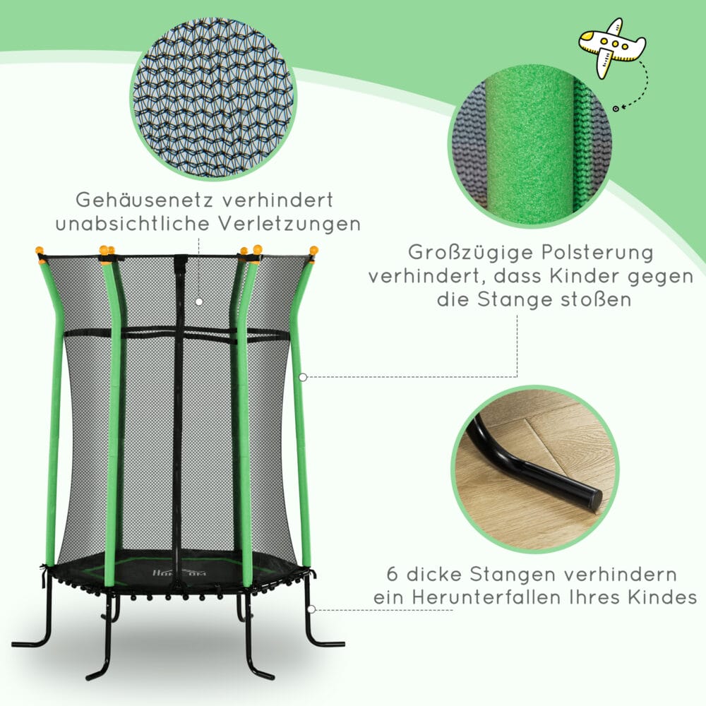 Grünes Kindertrampolin mit 163,5 cm Durchmesser, Sicherheitsnetz, empfohlen für Kinder von 3-10 Jahren