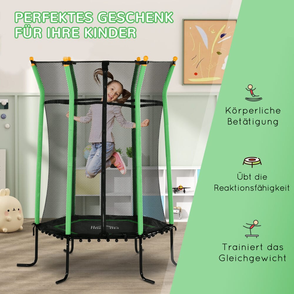 Grünes Kindertrampolin mit 163,5 cm Durchmesser, Sicherheitsnetz, empfohlen für Kinder von 3-10 Jahren