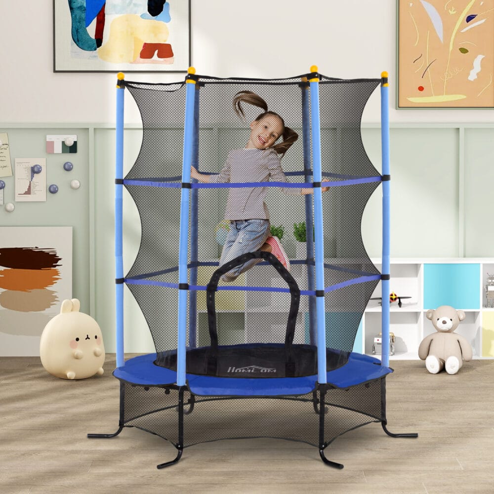 Blaues Kindertrampolin mit 163 cm Durchmesser, Sicherheitsnetz und Belastbarkeit bis 50 kg