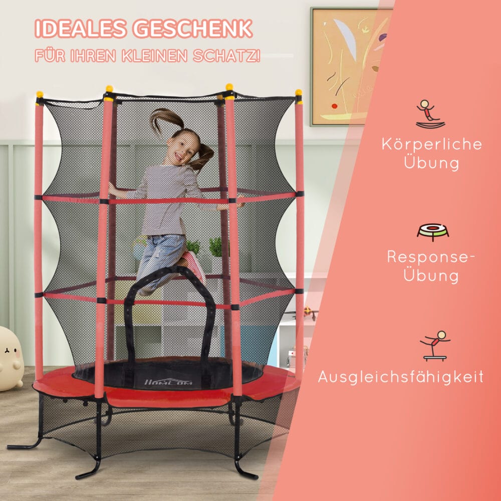 Rotes Kindertrampolin mit 163 cm Durchmesser, Sicherheitsnetz und Belastbarkeit bis 50 kg