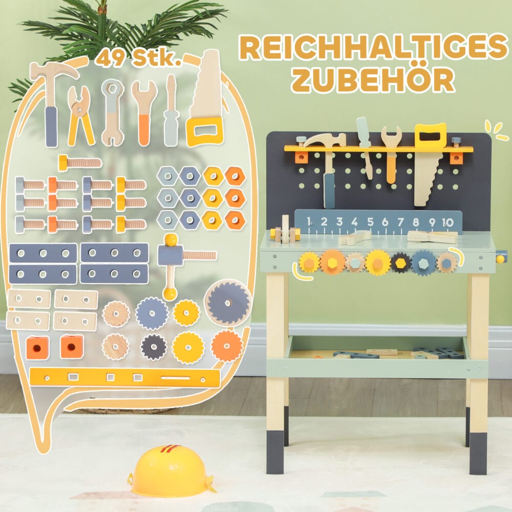Hellblaue Kinderwerkbank mit komplettem Werkzeugset, inklusive Schraubendreher. Ideal für kleine Handwerker, um erste Erfahrungen im Bauen und Reparieren zu sammeln.
