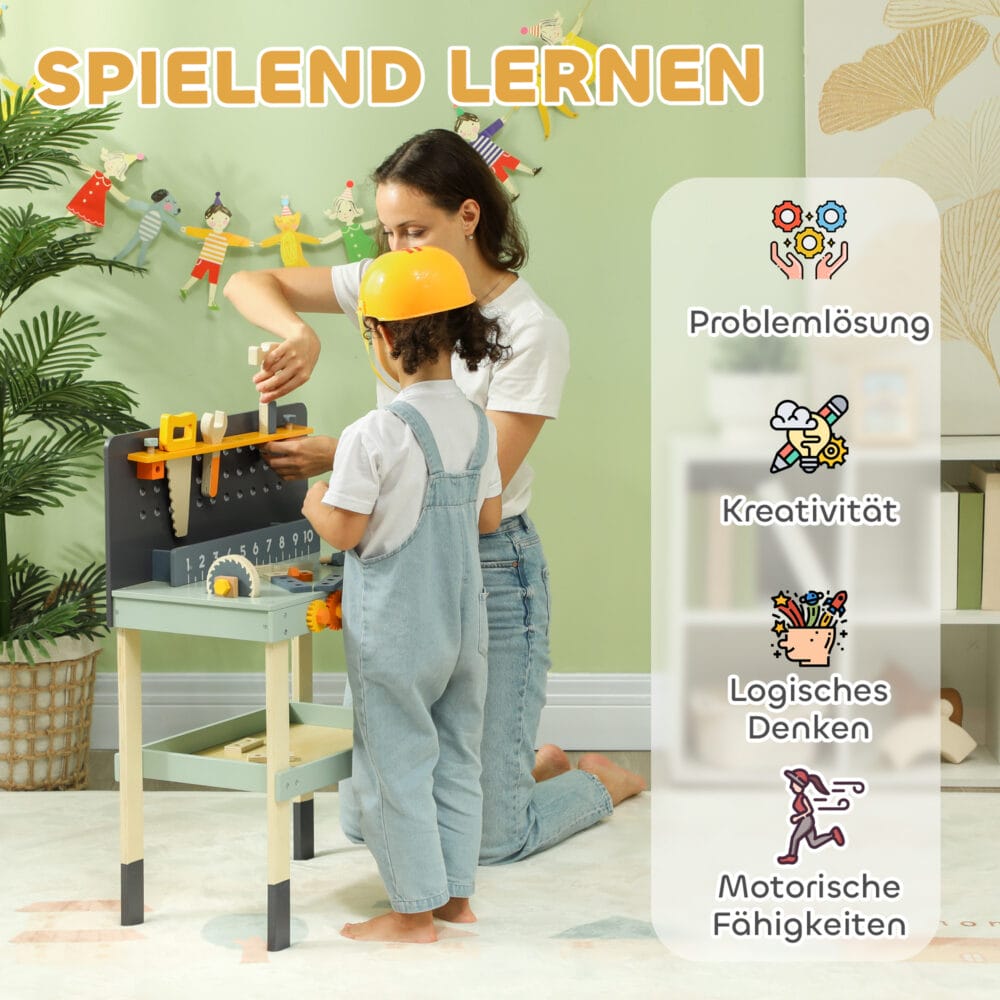 Hellblaue Kinderwerkbank mit komplettem Werkzeugset, inklusive Schraubendreher. Ideal für kleine Handwerker, um erste Erfahrungen im Bauen und Reparieren zu sammeln.