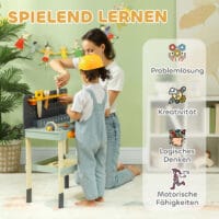 Hellblaue Kinderwerkbank mit komplettem Werkzeugset, inklusive Schraubendreher. Ideal für kleine Handwerker, um erste Erfahrungen im Bauen und Reparieren zu sammeln.